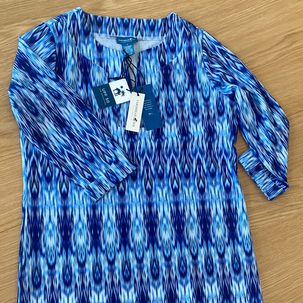 Caribbean Joe Women Blue/White Ikat Print UPF 50 Protection Tunic‎ Dress Size S